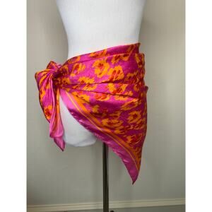 100% Silk Pink Orange Yellow Flamestitch Floral Scarf 35 x 36"